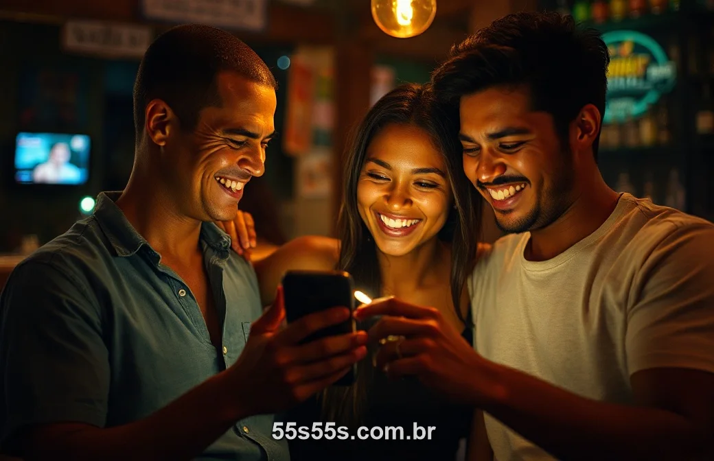 Amigos brasileiros usando o 55S juntos num bar à noite