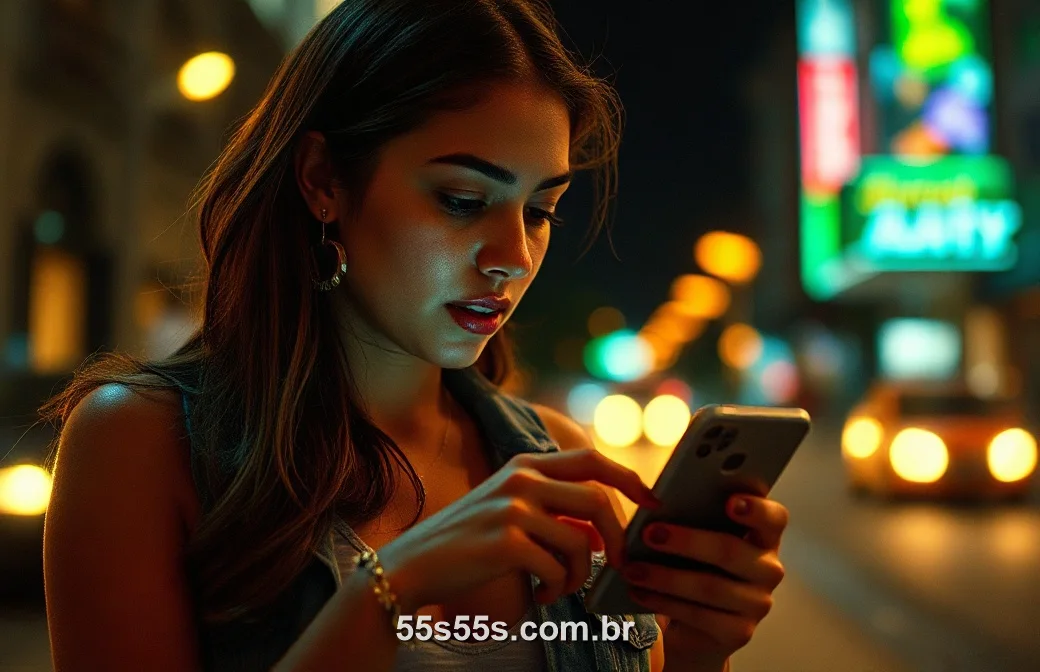 Jogadora acessando o cassino do 55S pelo celular à noite na cidade