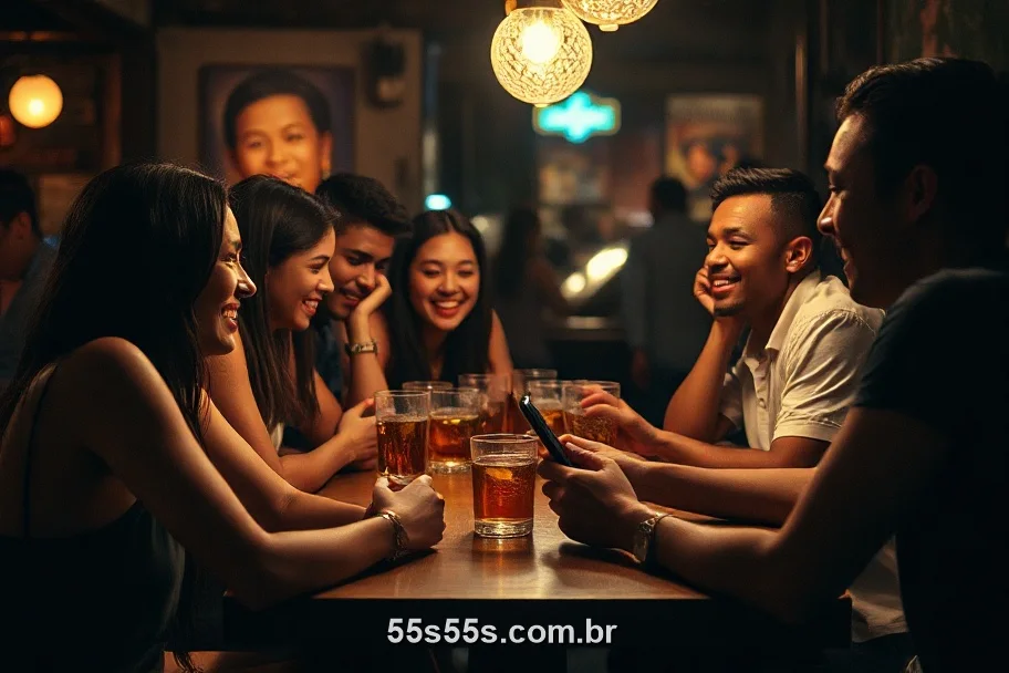 Amigos brasileiros jogando crash no 55S numa mesa de bar