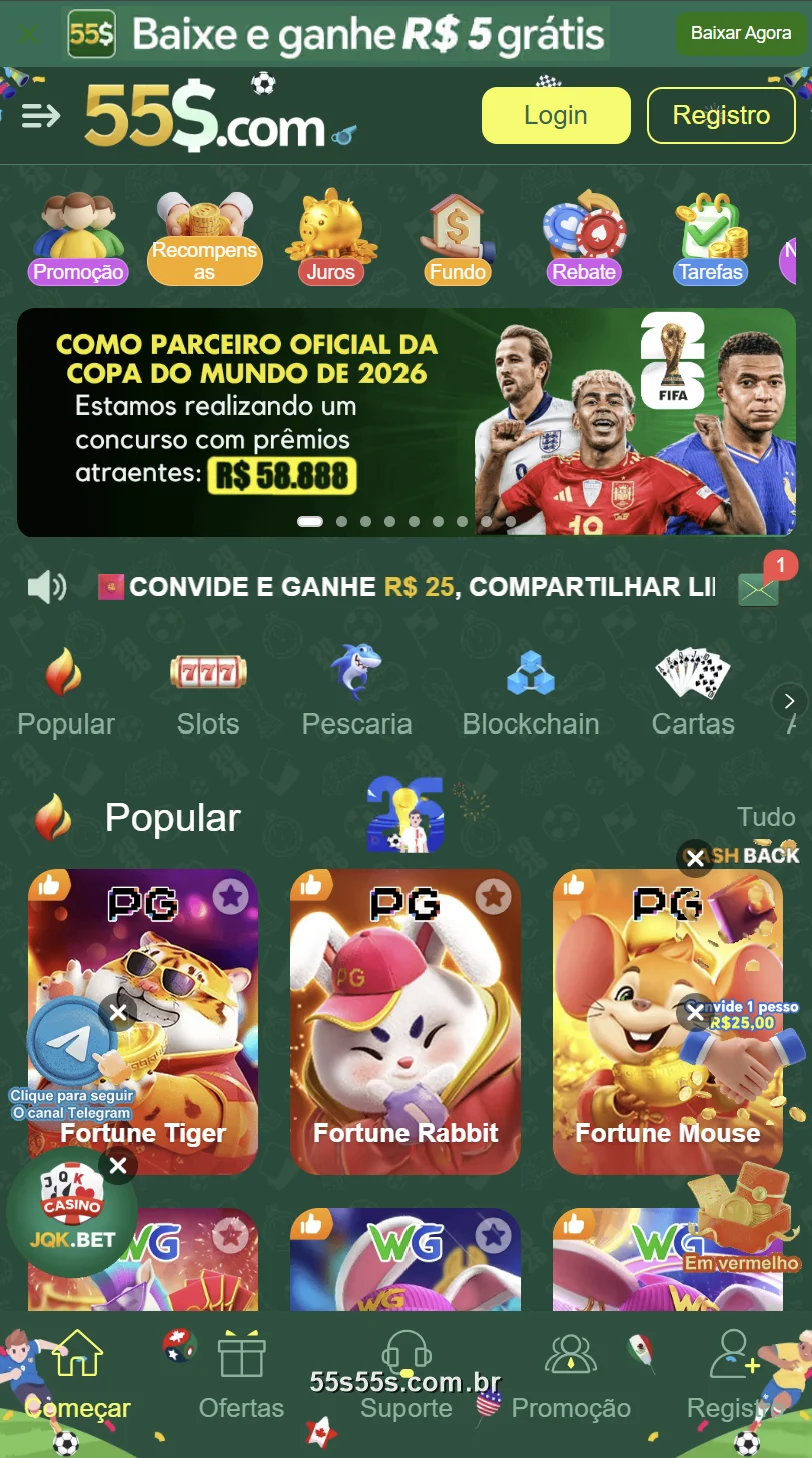 Tela inicial do app oficial 55S com as ofertas e a série Fortune