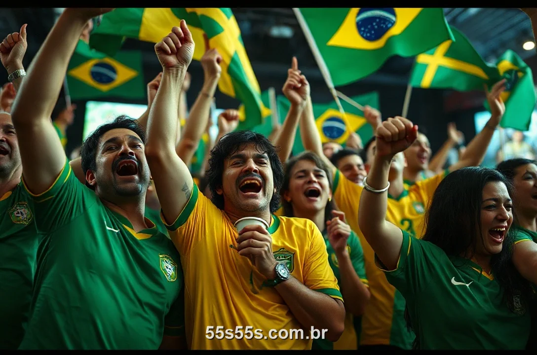 Torcedores brasileiros comemorando um gol juntos durante a Copa